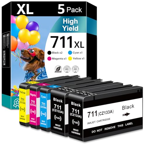 711XL Ink Cartridge Compatible Replacement for HP 711 711XL Ink Cartridge for Designjet T530 T525 T520 T130 T125 T120 T100 Series Printers 5-Pack, 2Black 1Cyan 1Magenta 1Yellow
