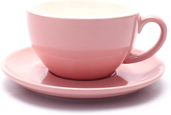 Coffeezone Barista Speciality Coffee Cup and Saucer, Small Cappuccino or Double Espresso Ceramic Cups (Glossy Pink, 5 oz)