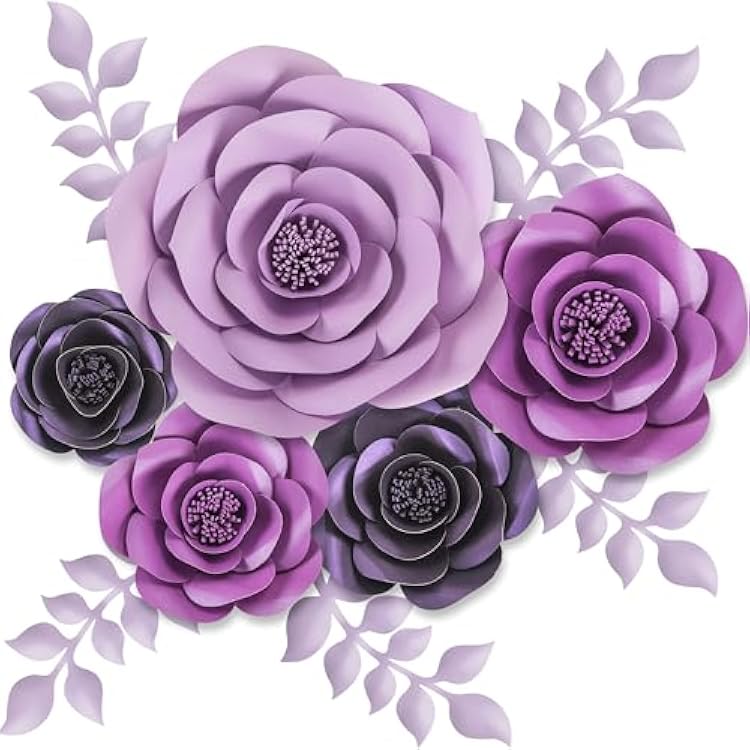 Rainbows & Lilies 10pc Large Paper Flowers Decorations for Wall - 3D Artificial Roses for Wedding, Bridal Party, Baby Shower, Nursery Decor, Girls Room, Backdrop, Centerpieces - Reusable Purple Decor