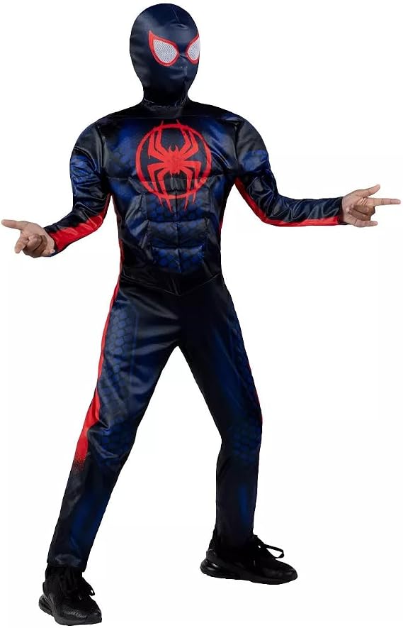 MARVEL Boys Spider-Man Miles Morales Into The Spider Verse Superhero Muscle Padded Jumpsuit with Mask, Officialy Licensed
