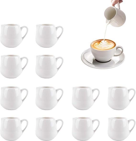 12 PCS White Ceramic Mini Milk Jugs with Handle 110ML Small Creamer Pitchers for Sauces Milk Dressing Microwave Safe Reusable Fingerprint Gravy Jug for Coffee Gravy Container
