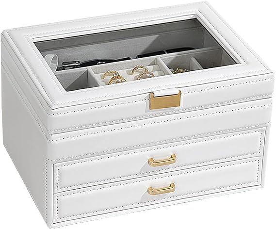 Three-Tier Jewelry Storage Box Window with Drawer Jewelry Box Transparent Glass PU Leather Jewelry Box Hand Jewelry Ring Storage Box Jewelry Small Organizer Desktop Desk Neat