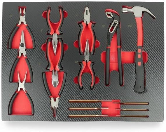 16 Piece Pliers Set and Claw Hammer Tool Kit Circlip Pliers Long Nose Diagonal Cutters Pipe Wrench Carbon Fibre Style Tray Hand Tool Set for Garage and Workshop