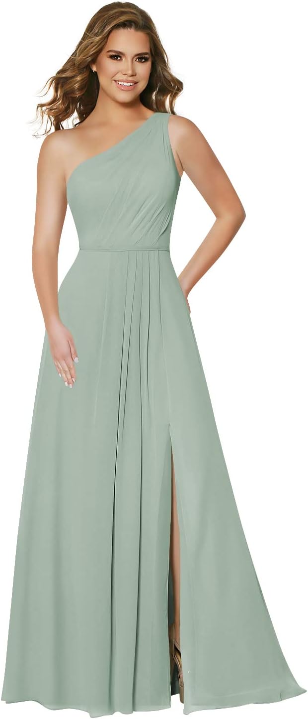 DFDG Sage Green One Shoulder Bridesmaid Dresses Long for Women with Pockets Pleated Chiffon Formal Gowns with Split 12