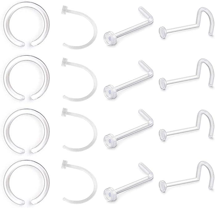 D.Bella Clear Nose Rings: 18G Retainer & 20G Hoop, Flexible Acrylic Piercing Kit for Work & Surgery