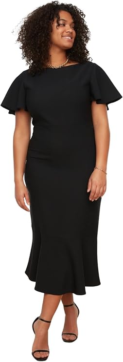 Trendyol Women's Crew Neck Flute Sleeve Black Plus Size Dress