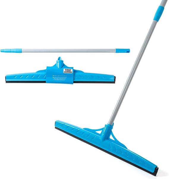 Floor Squeegee Outdoor Heavy Duty, 50cm Squeegee Broom with Long Handle 128cm Cleaning Garage Courtyard Bathroom Shower Glass Window Tile Concrete Deck Marble Water (Blue With Adjustable Handle)