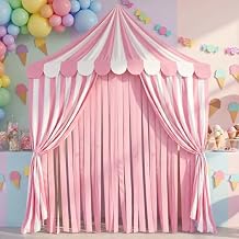 4-piece Carnival Circus Decor Backdrop Circus Tent with Canopy Polyester Carnival Pink Striped Curtains Sweet Pastel Ice Cream Theme for Birthday Party Photography Backgrounds (Pink White)