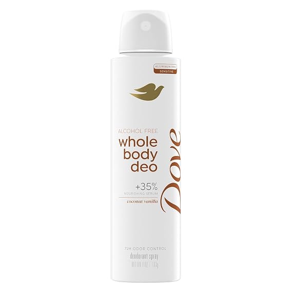 Dove Coconut Vanilla Alcohol-Free Whole Body Deodorant Spray, 4 oz | For head-to-toe freshness, Helps control odor & stay fresh, with 35% nourishing serum, Coconut Vanilla