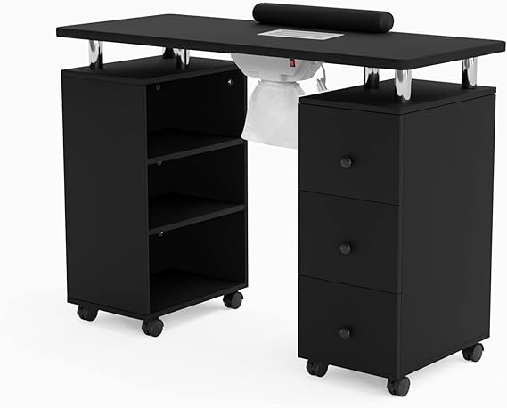 OmySalon Manicure Table Nail Desk for Nail Tech, Nail Table Beauty Salon Tech Station w/Electric Downdraft Vent, Lockable Wheels,Wrist Cushion,Storage Shelves & Drawers