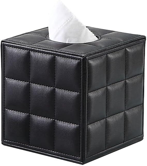 S Forever Home Decor Cube Tissue Box Holders PU Leather Square Tissue Box Cover (Black Gird, 5.32" L x 5.32" W x 5.51" H)