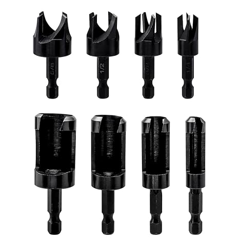 8pcs Wood Plug Cutter Drill Bit Set Straight and Tapered Taper 5/8" 1/2" 3/8" 1/4" Cutting Tool Cork Drill Bit Knife