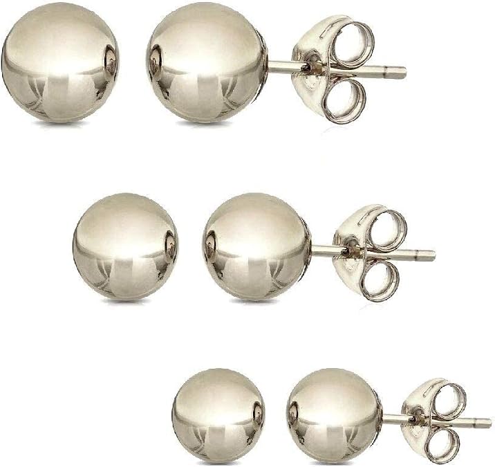 14K Solid Gold Ball Stud Earrings (3-Pair-Pack) 3MM 4MM and 5MM - Choose a Color