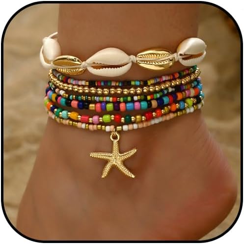 Shell Anklets Bracelet for Women Colorful Stackable Puka Shell Anklet Boho Seashell Beaded Anklet Hawaii Summer Beach Waterproof Surfer Starfish Anklets for Women