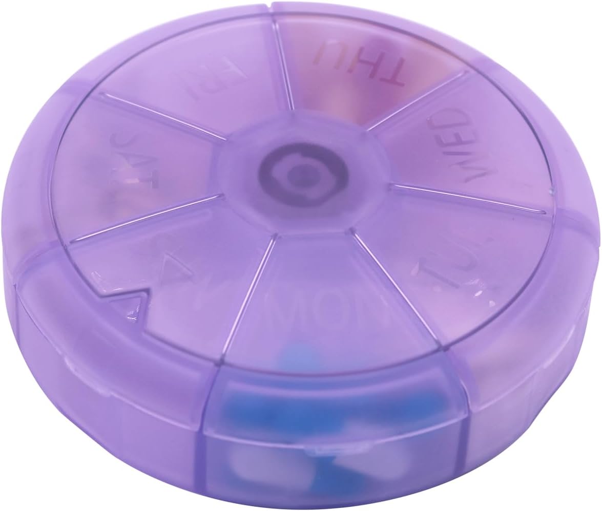 Portable Lock Weekly Pill Organizer 7 Day Pills Container, Round Pill Case Travel Friendly, Daily Week Pill Reminder Case, BPA-Free Vitamin, Supplement, Fish Oil, Medication Planner Purple
