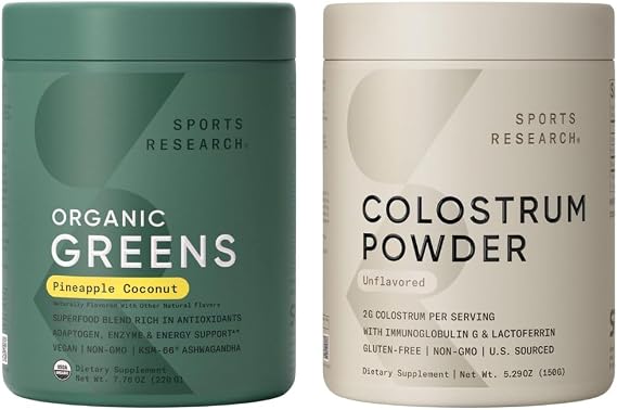 Sports Research Tropical Vitality Pack - Unflavored Bovine Colostrum Powder & Organic Greens Superfood Powder w/Spirulina, Ashwagandha, Probiotics & B Vitamins