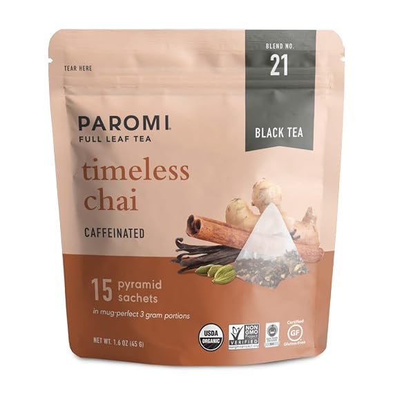 Paromi Organic Timeless Chai Black Tea, 15 Full-Leaf Pyramid Sachets in a Resealable Pouch Black Tea with Ginger, Cinnamon, Cardamom, Clove & Real Vanilla, Caffeinated, Fair Trade Ingredients & Non-GMO