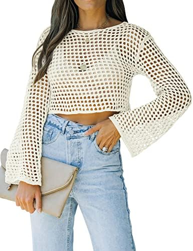 Womens Fishnet Crochet Crop Top Sexy Long Sleeve See Through Hollow Out Mesh Bikini Cover Ups