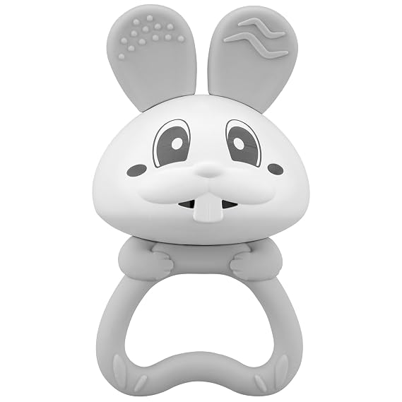 Mombella Baby Teething Toys 36 Months with Rattle, Bunny Easter Basket Stuffers for Babies 612 Months, Baby's First Toy with Anti Drop Strap, Teething Relief Baby Chew Toys, Easter Gifts, Grey