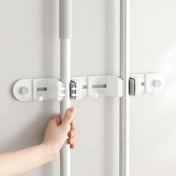 Wall Mounted Broom and Mop Holder White Aluminum+ABS Storage Rack Non-Marking Organiser with Multiple Hooks for Cleaning Tools,1 pce (Double clip)