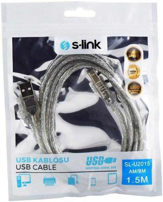 S-Link SL-U2015 Usb2.0 1.5m Transparent Printer Cable, Transparent