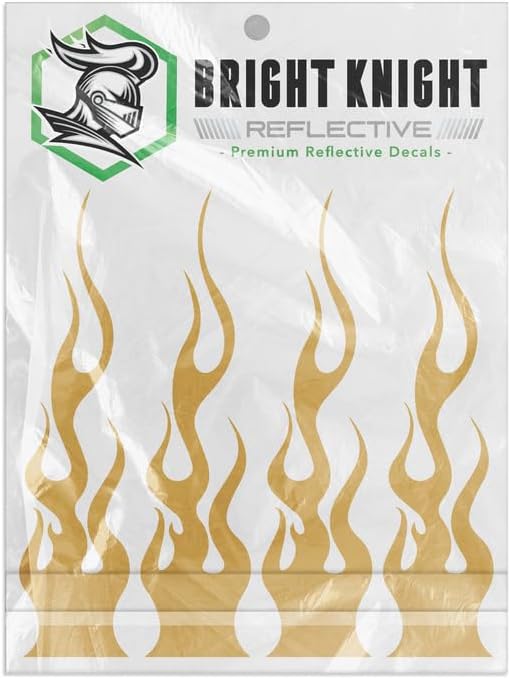 Bright Knight Decals Reflective Flame Stickers, Motorcycle Decals, Gold | Set of 4 Fire-Design Dirt Bike Stickers for Frames, Waterproof 3M Vinyl Helmet Decals for Racing, Bicycles, Cars, and Trucks