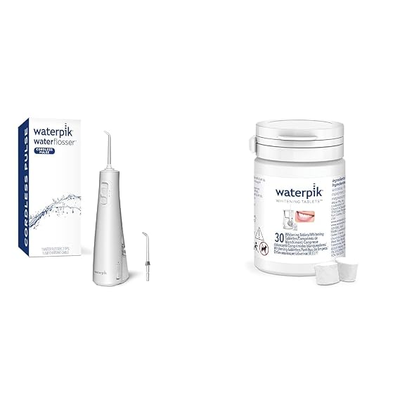 Waterpik Cordless Pulse Rechargeable Portable Water Flosser for Teeth, Gums & Fresh Mint Whitening Refill Tablets (30 Count) for Use with Waterpik Boost Tip