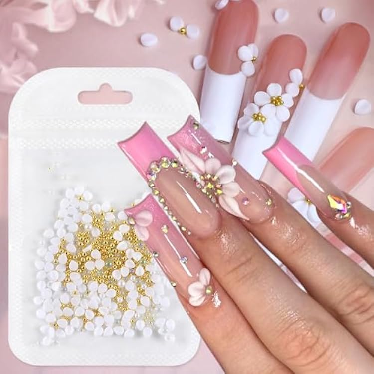 150PCS 3D Nail Charms Flower Nail Art Charms White Blossom Beads Pearl Nail Gems and Rhinestones Floral Rhinestone Gems Petal Acrylic Crystals Nail Supplies for Women Girls Nails Nail Accessories