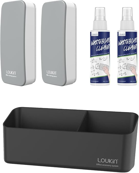 LOUKIN Whiteboard Accessories Bundle | Magnetic Dry Erase Eraser (Gray) 2 Pack & Non-Toxic Whiteboard Cleaner (3.4 fl oz) 2 Pack & Magnetic and Adhesive Marker Holder (Black)