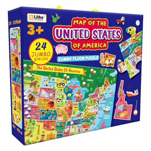 Discover The USA: Extra-Large 24-Piece Floor Puzzle for Kids - Educational Map of America, Colorful States and Landmarks, Ideal for Learning Geography - Fun, Interactive, and Durable Jumbo Puzzle