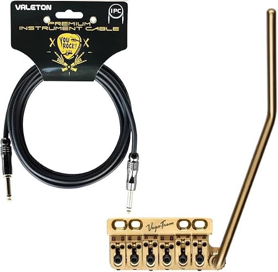 Vega-Trem VT1 Standard 6-Screw Gold Stratocaster Guitar Tremolo and Valeton VGC-3 3m Premium Instrument Cable bundle Bridge For Strat No Mods Easy Installation Straight-Straight cable
