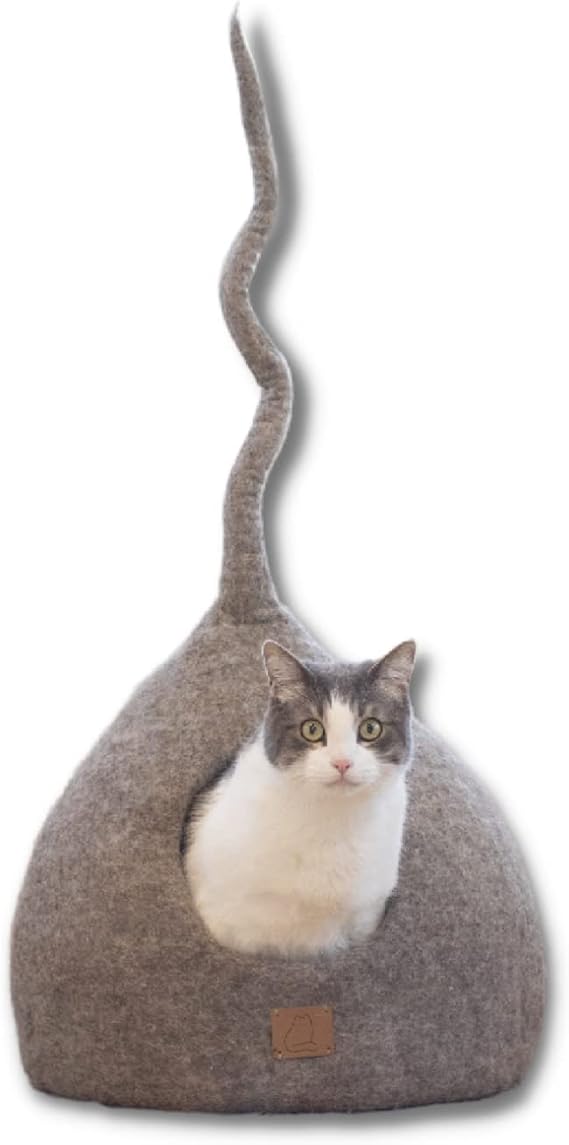 Handcrafted Wool Cat Tail Cave Bed - Perfect Hideaway for Your Feline Friend - Quiet/Warm for Sleeping & Relaxing - Love Your Pet Dog or Cat - 100% Organic Felt - Ethically Sourced (Brown)