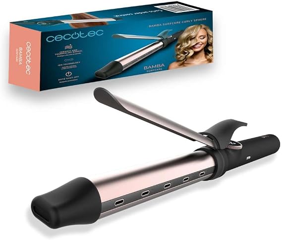 Cecotec Bamba SurfCare Curly Sphere Curling Iron, 28 mm Ceramic and Tourmaline Cylinder, Less Frizz, LCD Screen, 120-210°C, 360° Swivel 1.8 m Cable, Automatic Closing, Cold End