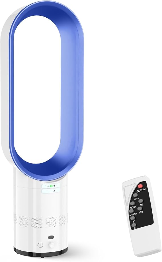 Bladeless Tower Fan with Air Purifier, 23.6" Quiet Tower Fan for Bedroom, 80° Oscillating 8 Speeds 9H Timer, Silent Standing Portable Circulator ,Bladeless Fans for Bedroom (blue-Stepless speed)