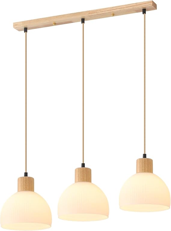 Kitchen Lights Ceiling 3 Lights,Wood and White Glass Pendant Light E27 Height Adjustable Hanging Lamps for Living Dining Bedroom Breakfast [Energy Class G]