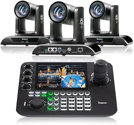 Tenveo PTZ Camera Bundle/Kits - 30X AI Auto Tracking NDI SDI/HDMI/USB3.0/LAN(PoE) PTZ Camera(3pcs) and 7 LCD Quad-Screen NDI PTZ Joystick Controller Kit for Church Worship Services Live Streaming