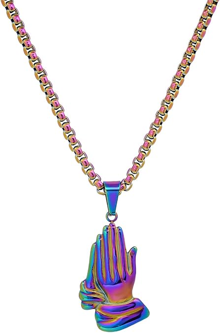 Steeltime Stainless Steel Prayer Hands Pendant with 24" Inch Box Chain Necklace (Rainbow)