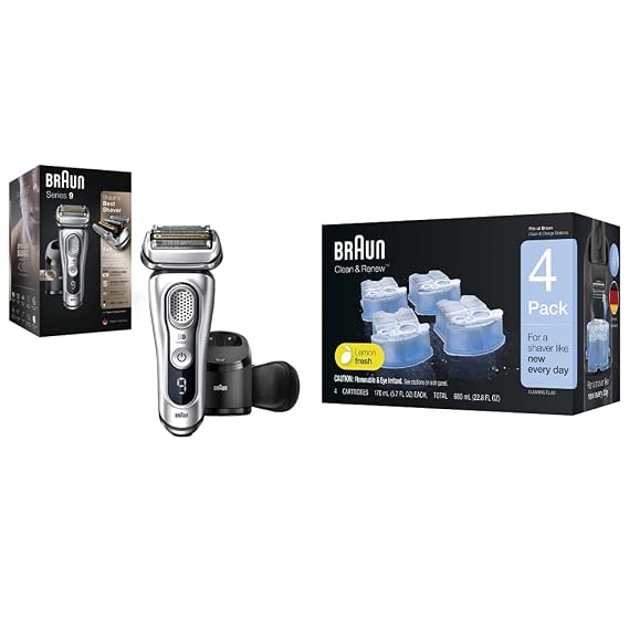 Braun Electric Razor for Men, Waterproof Foil Shaver, Series 9 9390cc, Wet & Dry Shave, with Pop-Up Beard Trimmer for Grooming with Clean & Renew Refill Cartridges, 6 Count, Pack of 1