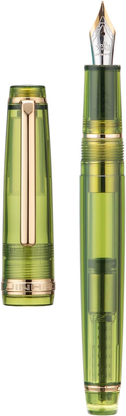 Jinhao 82 Acrylic Fountain Pen, Iridium Medium Nib with Ink Converter, Transparent Olive Green Classic Design Smooth Writing Pen (Gold Trim)