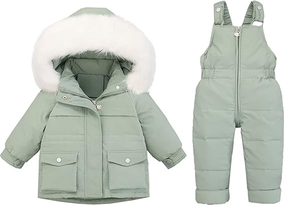 Baby Girls Two Piece Winter Warm Hooded Snowsuit Puffer Down Jacket with Snow Ski Bib Pants Outfits