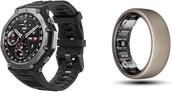 Bundle of Amazfit T-Rex 3 Rugged Military Smart Watch Black + Amazfit Helio Smart Ring, Wearable Fitness Tracker (Size 8)