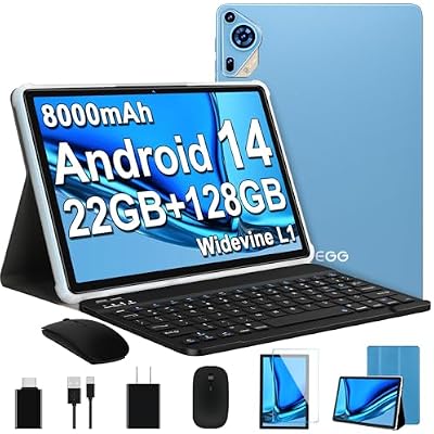 2025 Android 14 Tablet 10 inch Octa-Core Tablets with 22GB RAM128GB ROMExpand to 1TB,8000mAh Large Battery,1280x800 IPS HD Touch Screen,Support Widevine L1,Keyboard & Mouse Included-Blue