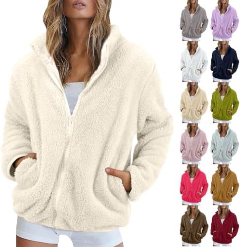 Women Sherpa Jacket Lapel Full Zip Fleece Fuzzy Winter Coats Comfy Soft Plush Outwear Teddy Bear Jacket with Pockets
