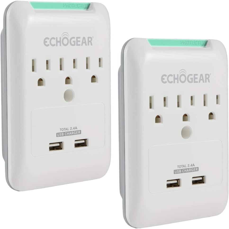 ECHOGEAR Outlet Extender Multiplug 2 Pack with 3 AC Outlets & 2 USB Ports – Low Profile Design Sits Just 1.1 from Wall - Protects Your Gear with 540 Joules of Surge Protection