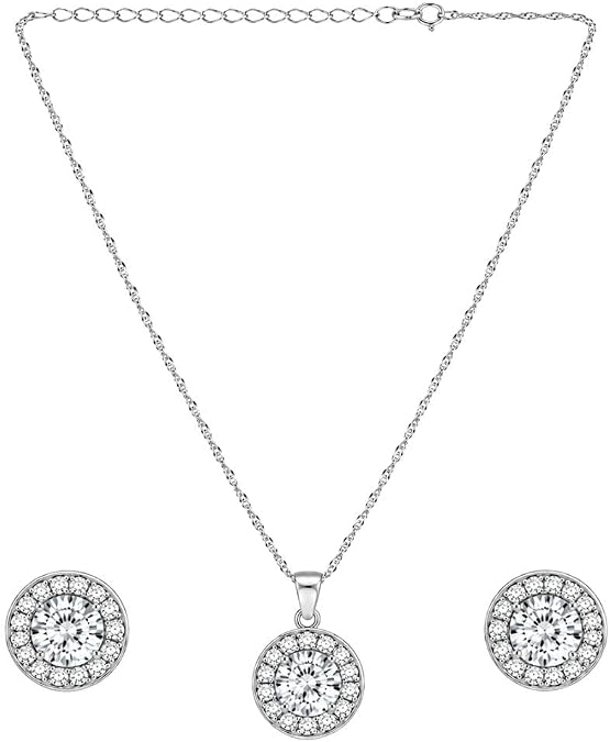 I Jewels Cubic Zirconia Diamond Chain Pendent Necklace With Earrings Set for Women