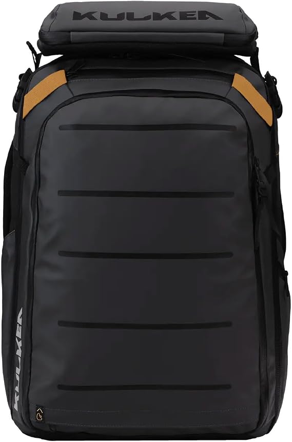 Kayda 44L Travel Backpack - Spacious Carry On Backpack with Detachable Travel Pouch, Magnetic Water Bottle Pocket, Passport and Laptop Pocket - Convertible Boot Bag for Snow Sports (Black/Gold)