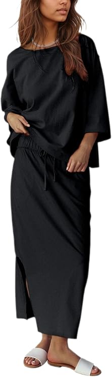Halfword Womens Lounge Set Oversized Shirt and Maxi Skirt Set with Pockets