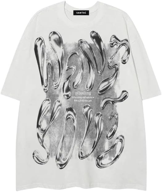 Vamtac Mens Liquid Metal Graphic Tees Vintage Cotton T Shirts Y2k Oversized Tee Shirts Summer Tops
