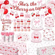 Pink Bow Party Supplies,208Pcs Coquette Birthday Party Decorations Includes Bow Cherry Paper Plates and Napkins,Cups,Banner,Tablecloth,Balloons,Serves 24 for Girls Bachelorette Party