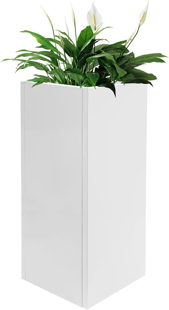 Metallic Heavy Outdoor/Indoor Planter Box, Seamless Large Metal Planter for Tall Trees, Plants, Flowers, No Assembly Required (White, 14 * 14 * 30 inch)